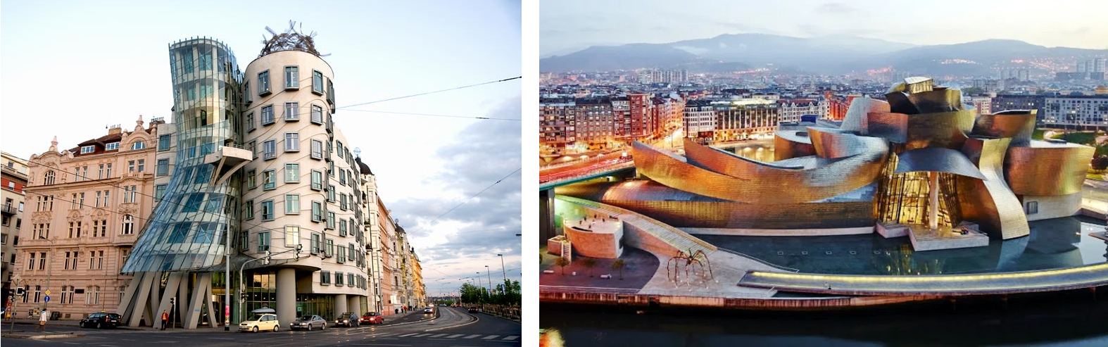 <ul><li><p><strong>The Dancing House, Prague</strong></p></li><li><p><strong>Guggenheim Museum, Bilbao, Spain</strong></p></li></ul><p></p>