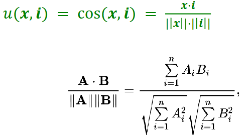 <p>Main idea: recommend items to customer x that are similar to previous items they rated highly (e.g., recommend movies with the same actors, director, genre, etc.)</p><p></p><p>It works as follows:</p><ol><li><p>create an<strong> item profile i</strong> (i.e., feature vector) for each item</p><ul><li><p>e.g., if items = movies, then an item’s profile may be a boolean vector [Actor 1, Actor 2, Actor 3, Director 1, Director 2, …], where a value of 1 means that actor or director participated in that movie</p></li></ul></li><li><p>build a <strong>user profile x </strong>using the profiles of items they’ve rated (i<sub>1</sub>,…,i<sub>n</sub>); this can be a weighted average of rated item profiles (where each item’s weight = user’s rating), or a normalized weighted average using (user’s rating for item - user’s average rating) as weights</p><ul><li><p>x=[x<sub>1</sub>,…,x<sub>k</sub>], where each x<sub>i</sub>=weighted average of feature i; ultimately, x represents each user based on the items they like</p></li><li><p>e.g., USER PROFILE = UNWEIGHTED MEAN OF ITEM PROFILES: assume items = movies, and item profile = boolean vector for each actor (i.e., each actor represents one feature). Suppose user x has watched 5 movies, where 2/5 movies feature actor A, and 3/5 movies feature actor B. Then, user x’s profile is the mean of item profiles, where feature A’s profile weight is 2/5 and feature B’s profile weight is 3/5.<br>x = mean of 5 item profiles = [2/5, 3/5, …]</p></li><li><p>e.g., USER PROFILE = NORMALIZED WEIGHTED MEAN OF ITEM PROFILES USING RATINGS: now, assume actor A’s movies are rated 3 and 5, while actor B’s movies are rated 1, 2, and 4. Then, assuming the user’s mean rating is 3, we can normalize each actor’s ratings (by doing (user’s rating - average rating): actor A’s normalized ratings now become 0 and +2, and the profile weight for this feature becomes (0+2)/2=1. Similarly, actor B’s normalized ratings become -2, -1, 1, and the profile weight for this feature becomes (-2-1+1)/3=-2/3. This indicates a mild positive preference for actor A and a mild negative preference for actor B.<br>NOTE: when calculating each feature’s profile weight here, we divide by # items with that feature, not by total # items like above<br>x = [1, -2/3, …]</p></li></ul></li><li><p>given user profile x and a new item’s profile&nbsp;i, we can assign it a similarity score:<br>u(x,i) = cos(x,i) = (dot(x,i))/(mag(x) * mag(i))<br>^^ we recommend&nbsp;items with the highest cosine similarity: close to 1 = item contains features the user likes, close to -1 = item contains features the user tends to dislike, close to 0 = neutral preference</p></li></ol><p></p><p>NOTE: mag(A) = sqrt(a1² + a2² + … + an²)</p><p></p>