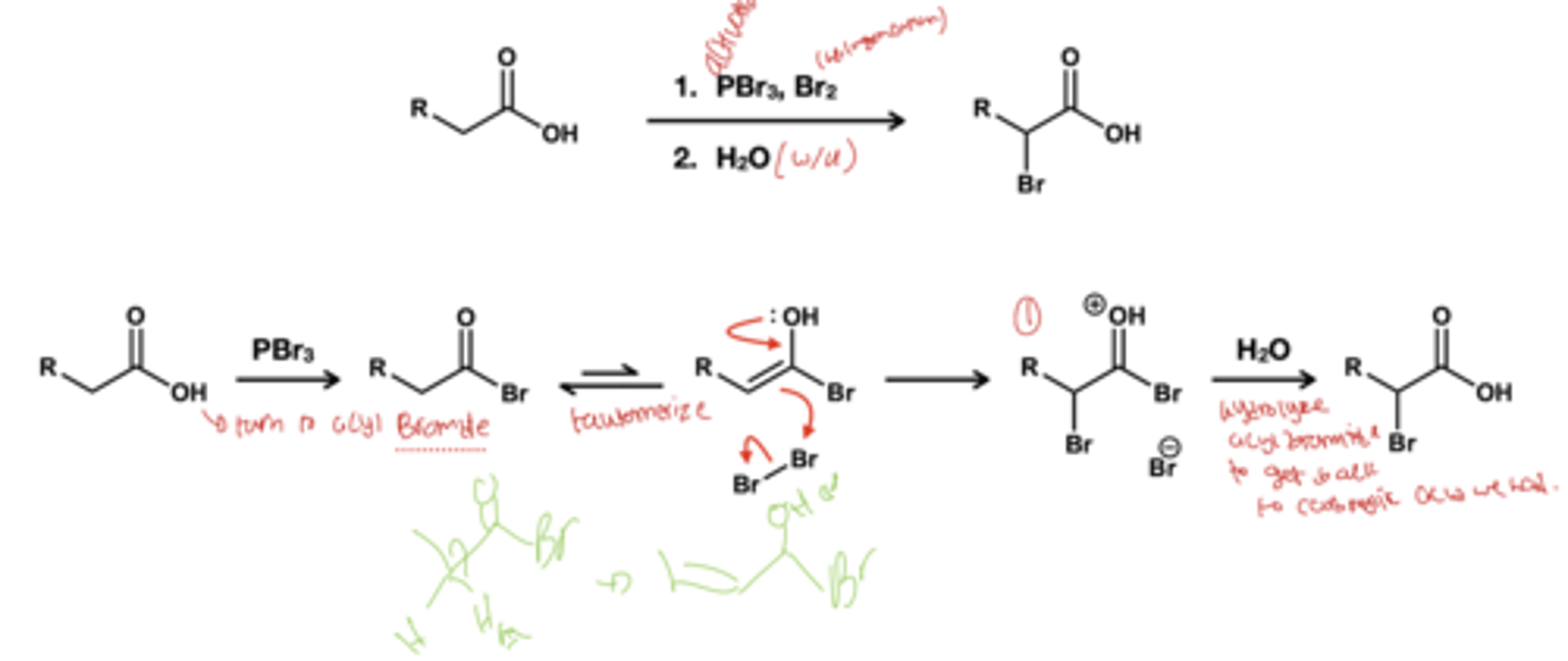 <p>1. PBr3, Br2</p><p>2.) H2O</p><p>This reagent replaced alpha proton with bromine as carboxylic acid do not readily undergo halogenation</p>