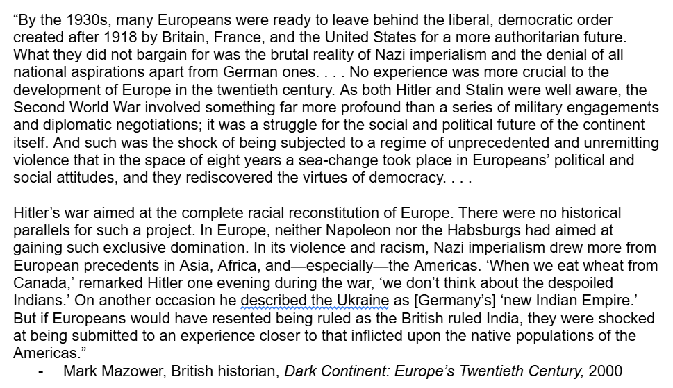 Which war does the historian refer to when discussing the shift in European attitudes in the 1930s?