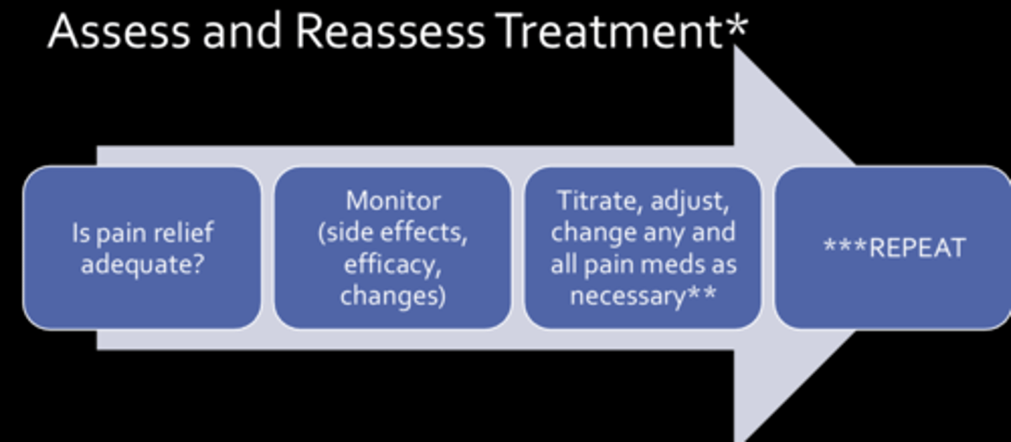 <p>1. Is pain relief adequate?</p><p>2. Monitor (side effects, efficacy, changes)</p><p>3. Titrate, adjust, change any &amp; all pain meds as necessary**</p><p>4. REPEAT***</p>