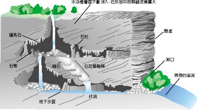 <p>雨水或地下水吸收二氧化碳後形成碳酸溶液，溶解石灰岩中的碳酸鈣並帶走的過程。</p>