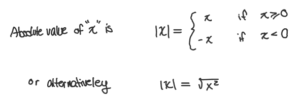 The absolute value or modulus of a real number x is it’s distance from 0 on the number line.

Formal Definition: (Picture)