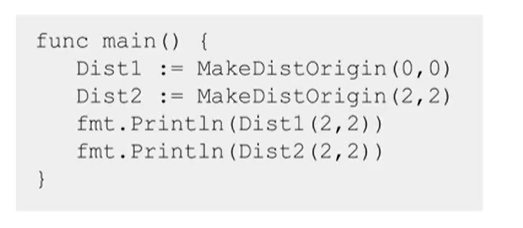 <ul><li><p>Function + environment data is called closure.</p></li><li><p>When a function is passed as an argument or returned from another function, it has access to the environment where it was declared.</p></li><li><p>This basically means that when a function is called it has access (it remembers) the environment data and has access to it at runtime.</p></li><li><p>0,0 and 2,2 are remembered.</p></li></ul><p></p>