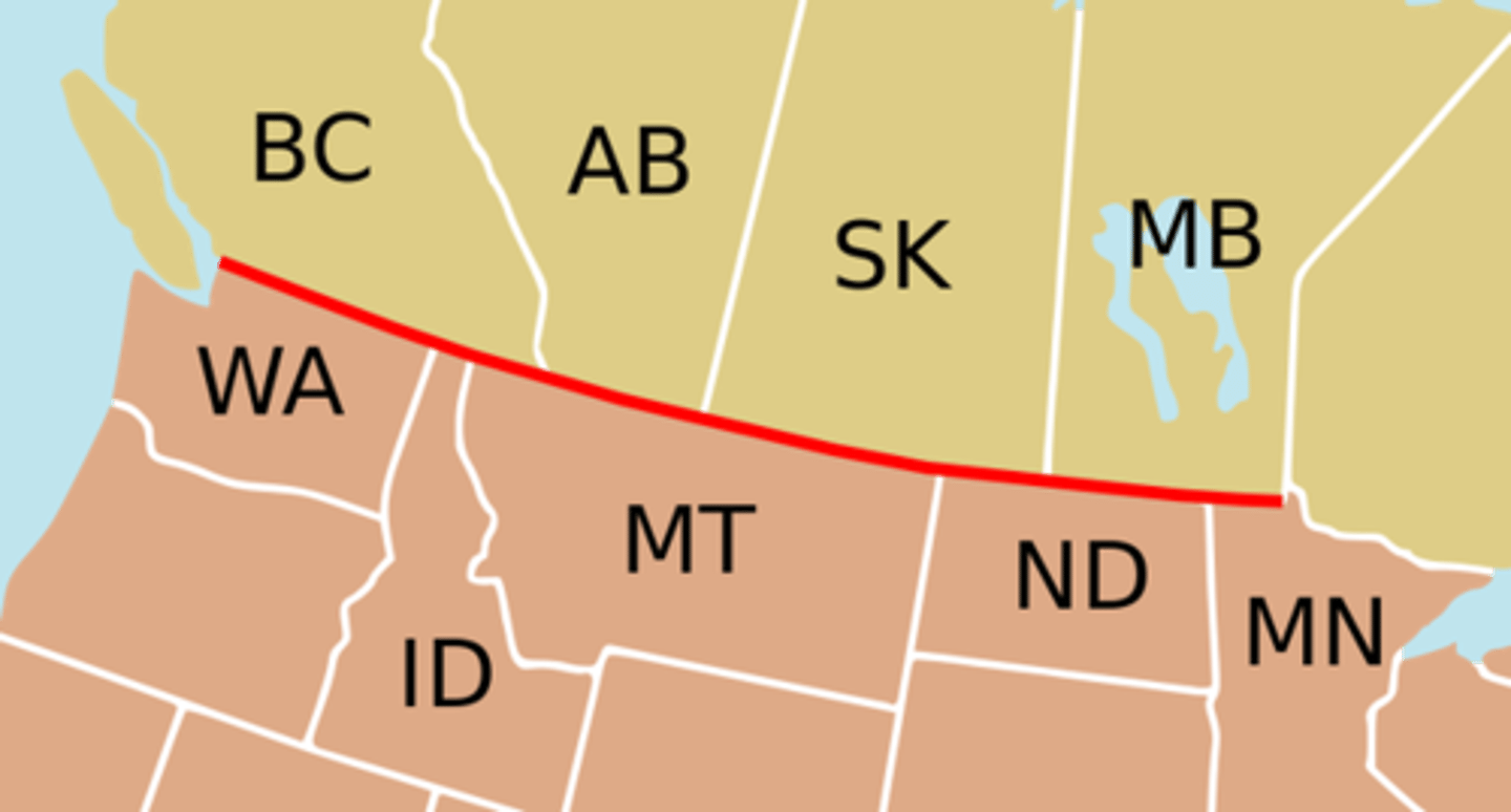 <p>boundaries of straight lines that do not conform to natural or ethnic boundaries; Usually along lines of latitude or longitude.</p>