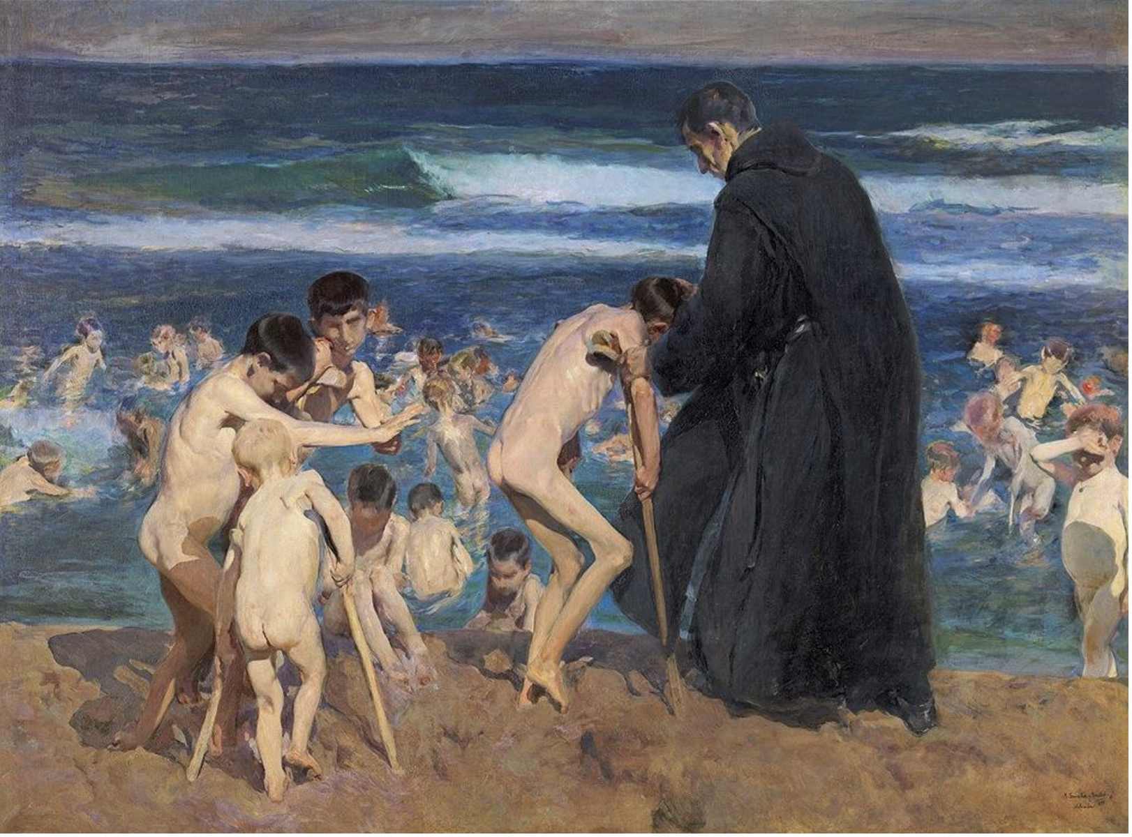 <ul><li><p><span><strong>Key Features</strong>:<br><br></span></p><ul><li><p><span>Depicts a scene at the beach where disabled children are being cared for by a caretaker, symbolizing both innocence and sadness.<br><br></span></p></li><li><p><span>Sorolla’s use of light and color captures the melancholy tone of the scene while highlighting the beauty of the coastal setting.<br><br></span></p></li><li><p><span>The painting emphasizes social issues, reflecting the plight of marginalized individuals.<br><br></span></p></li></ul></li></ul><p><span><strong>Memorable Fact</strong>: This work is known for Sorolla’s compassionate depiction of social themes, as well as his mastery of light and water.<br></span></p>