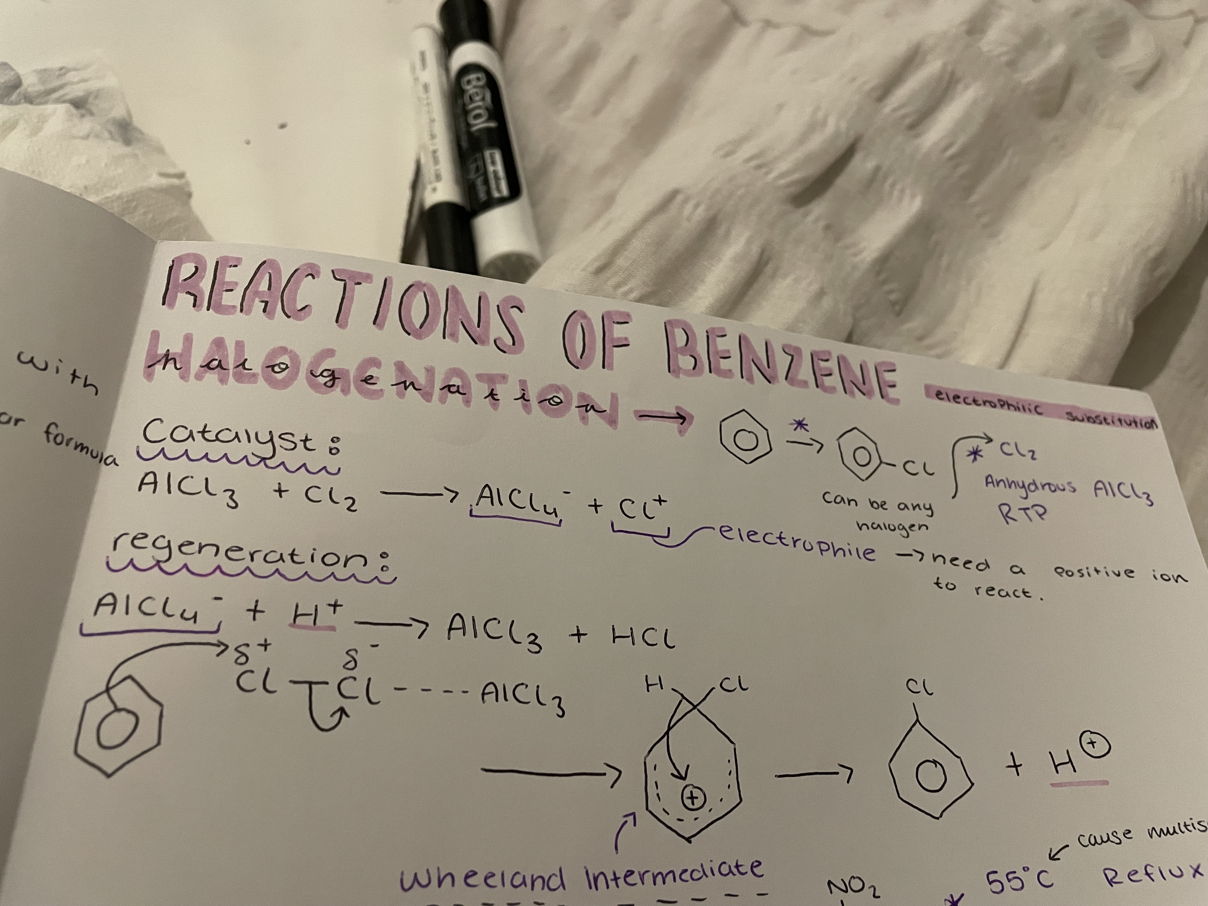 <p>Halogenation reaction:</p><p>Cl2 and anhydrous AlCl3 RTP </p><p></p><p>Catalyst: AlCl3 + Cl2 → AlCl4^- + Cl^+</p><p>regeneration : AlCl4^- +H^+ → AlCl3 + HCl</p>
