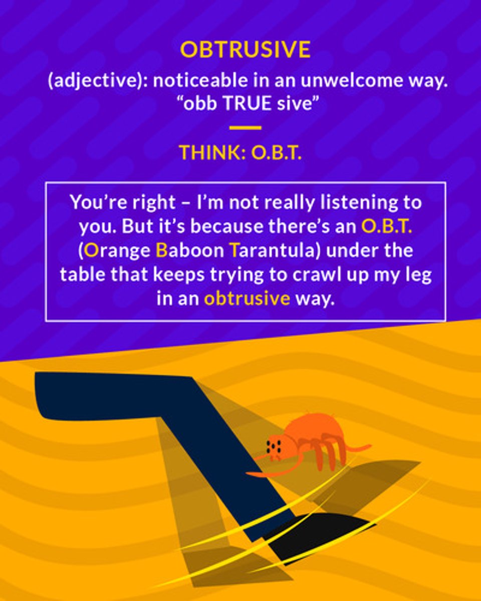 <p>noticeable or prominent in an unwelcome or intrusive way</p><p>(adj.) noticeable in an unwelcome way</p>