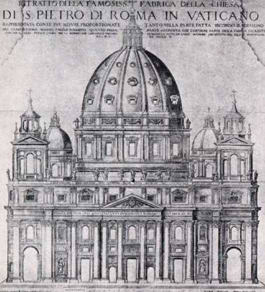<p>Řím: dóm sv. Petra</p><ul><li><p> M.Buonarotti, G. della Porta, kupole a konchy, 1593</p></li><li><p>Carlo Maderno: fasáda, 1606-26</p></li></ul><p></p>