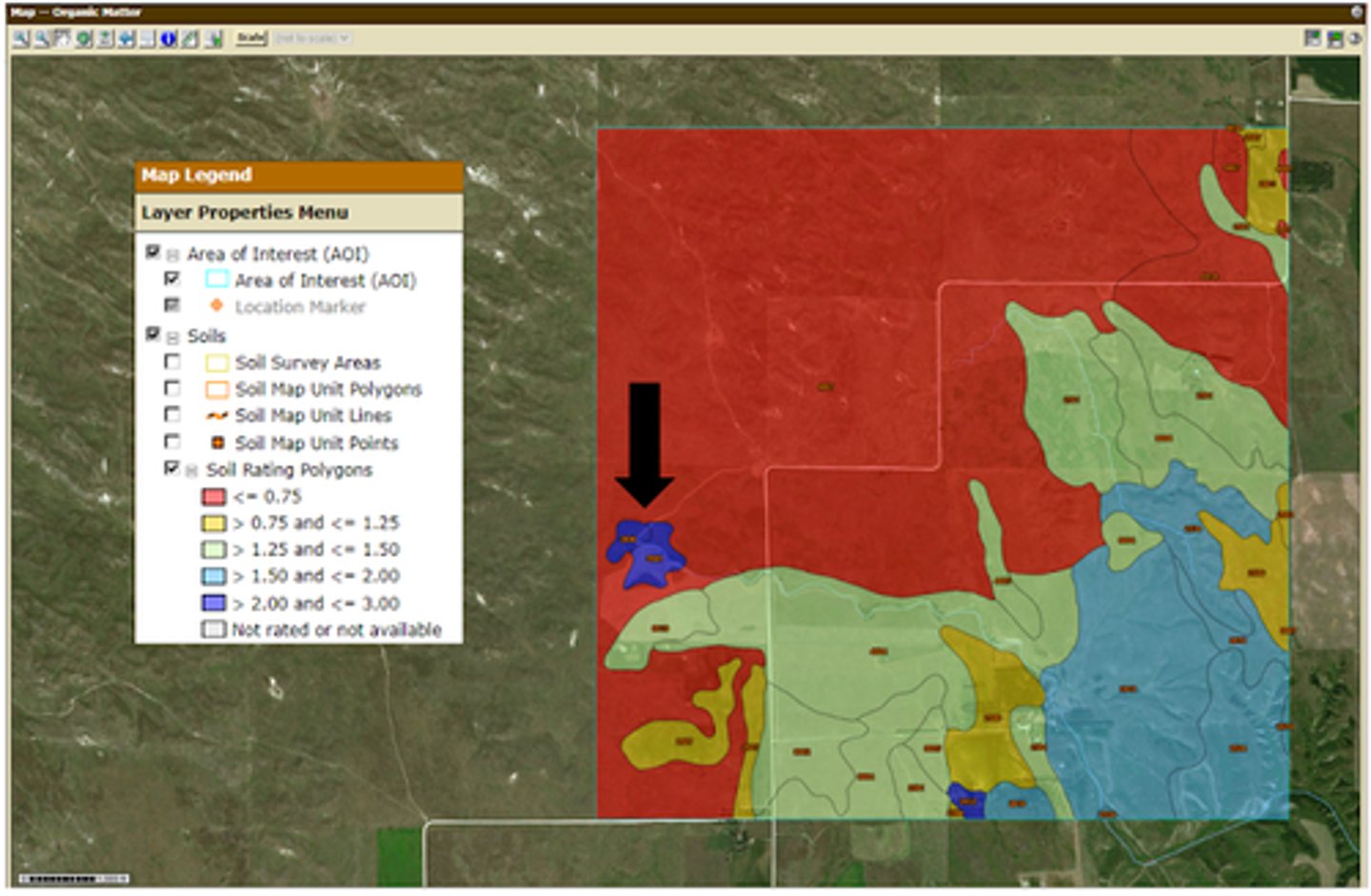 <p>The map below shows the distribution of organic matter (%) in soil surface layers in an area in central Nebraska. Note the area of relatively high organic matter (%) bounded by areas of relatively low organic matter, and consider the factors that allow for high rates of organic matter accumulation. What is the likely landscape position of the high organic matter (%) area (black arrow)?</p><p>A. Cannot be determined</p><p>B. Backslope</p><p>C. Summit of a hillslope</p><p>D. Depression</p><p>E. Stream terrace</p>