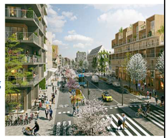<p>Bred stadsgata som kombinerar olika trafikslag</p>