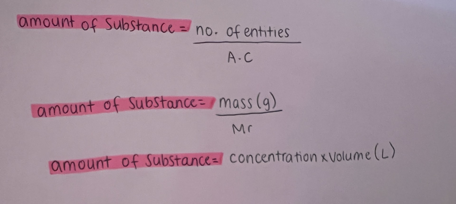 <p>C1V1+C2V2=total amount/moles</p><p>amount is in g. conc in g/L unless m/m, w/w etc</p><p>e.g. ‘amount of aspirin in solution’=CxV</p>
