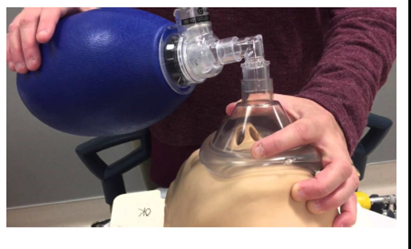 <p>A device with a one-way valve and a face mask attached to a ventilation bag; when attached to a reservoir and connected to oxygen, it delivers more than 90% supplemental oxygen.</p><p>dont use if patient is conscious duh</p>