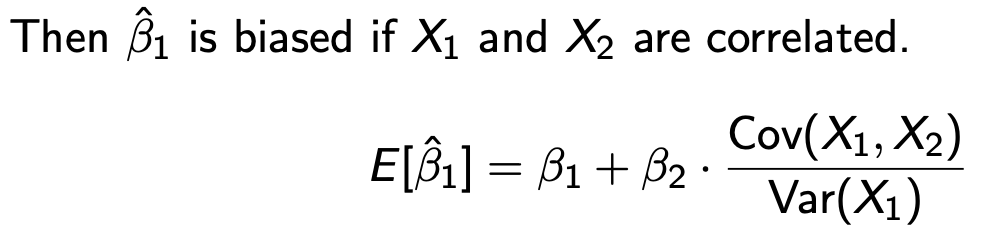 <p>omitting relevant vars that are related to vars in model creates bias for coeff in existing vars<br><br>effect on existing vals (if there is relation bt X1/X2</p><p></p>