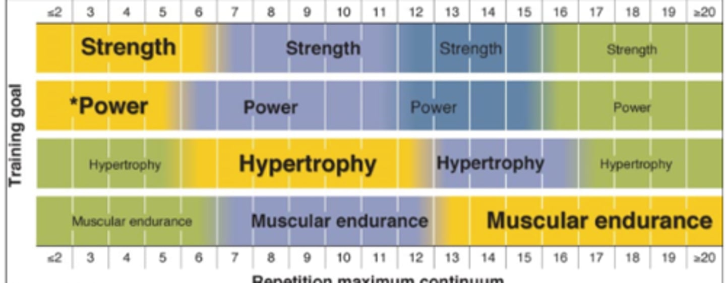 <p>Strength: Use relatively heavy loads<br>Power: Use relative heavy loads OR high velocity movements<br>Hypertrophy: Use moderate loads.<br>Muscular Endurance: Use light loads<br><br>10 reps is ideal overlaps a lot!!</p>