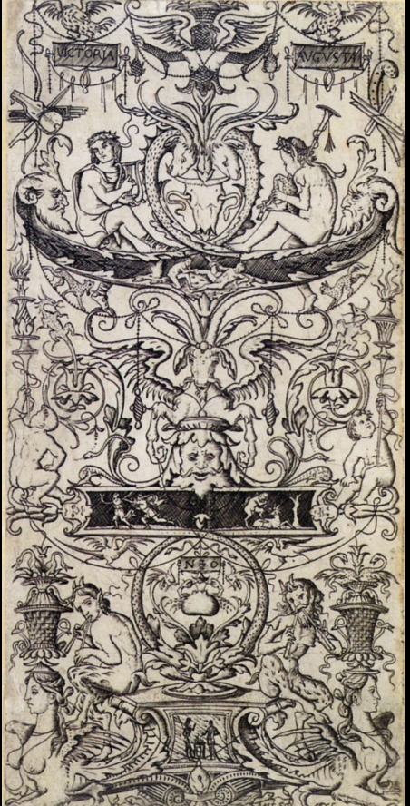 <p>a style of decorative painting consisting of the interweaving of human and animal forms with architecture, flowers and foliage the style originated in ancient Rome and was rediscovered in the early Renaissance</p>