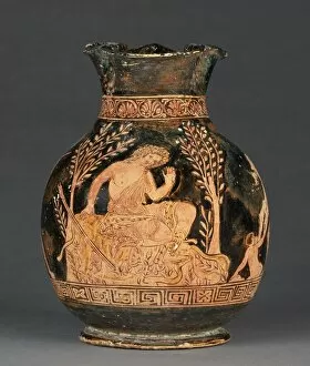 <p>Apulian red-figure oinochoe near the Black Fury Group - Kallisto, Hermes and Arkas, Greek, c. 360 BCE</p>