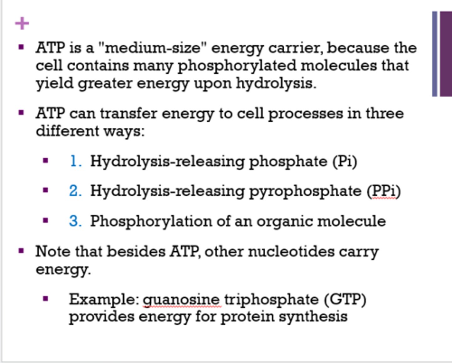 <p>1. hydrolysis-releasing phosphate</p><p>2. hydrolysis-releasing pyrophosphate</p><p>3. phosphorylation of an organic molecule</p>