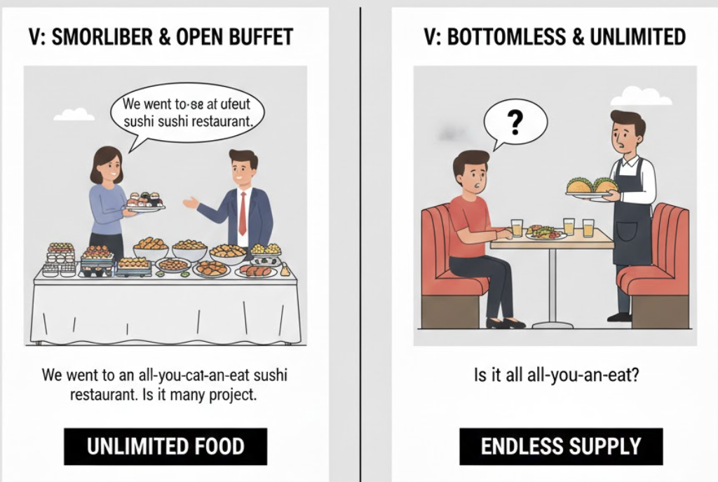 <p>A meal where people pay a fixed price and can eat as much as they want. </p><ul><li><p>(<strong>Ăn thoải mái, buffet trọn gói</strong>)</p></li></ul><p>Dạng liên quan:</p><ul><li><p><strong>Buffet</strong> (Từ đồng nghĩa phổ biến)</p></li></ul><p>Ngữ cảnh:</p><ul><li><p><strong>Đời sống:</strong> Khi đi ăn cùng gia đình, bạn bè. </p></li><li><p><strong>Du lịch:</strong> Các gói ăn uống tại khách sạn.</p></li></ul><p></p>