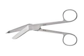<p>used to remove bandages and other dressings; blunt triangle blade designed to push skin away as the tip is slipped under material; angled to allow fingers to get under scissors</p>