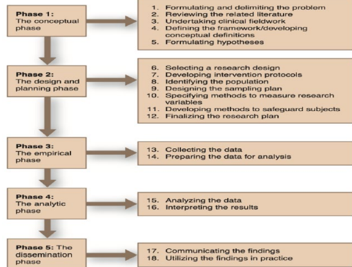 <ul><li><p>Phase 1: The Conceptual Phase</p></li><li><p>Phase 2: The Design and Planning Phase</p></li><li><p>Phase 3: The Empirical Phase</p></li><li><p>Phase 4: The Analytic Phase</p></li><li><p>Phase 5: The Dissemination Phase</p></li></ul><p></p>