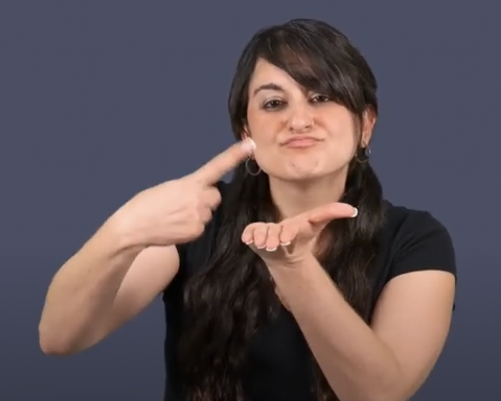 <p>thumb out, hitting pointer finger</p>