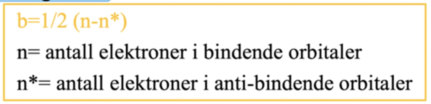 <p>Bindingsorden beskriver antall kjemiske bindinger mellom et par av atomer. </p><p>Gir en indikasjon på stabiliteten til en binding. </p><p>=> jo høyere bindingsorden => jo sterkere og mer stabil, og kortere bindingslengde </p><p>Hvis bindingsorden = 0 så er det ugyldig. Lager ingen binding.</p><p>Bindingsorden 1 = enkelbinding</p><p>Bindingsorden 2 = dobbelbinding</p><p>Bindingsorden 3 = trippelbinding</p>