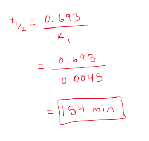 <ul><li><p>from the equation we can see the reaction is first order</p></li><li><p>look at the equation and we can figure out the rate constant</p><ul><li><p>k<sub>1</sub>= 0.0045</p></li></ul></li><li><p>use half life equation for FIRST ORDER to solve</p></li></ul>