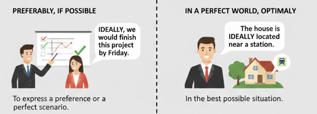 <p>In an ideal world; preferably. </p><ul><li><p>(<strong>Lý tưởng nhất là, tốt nhất là</strong>)</p></li></ul><p>Dạng liên quan:</p><ul><li><p><strong>Ideal</strong> (adj): Lý tưởng. </p></li><li><p><strong>Idealism</strong> (n): Chủ nghĩa duy tâm/lý tưởng hóa.</p></li></ul><p></p>