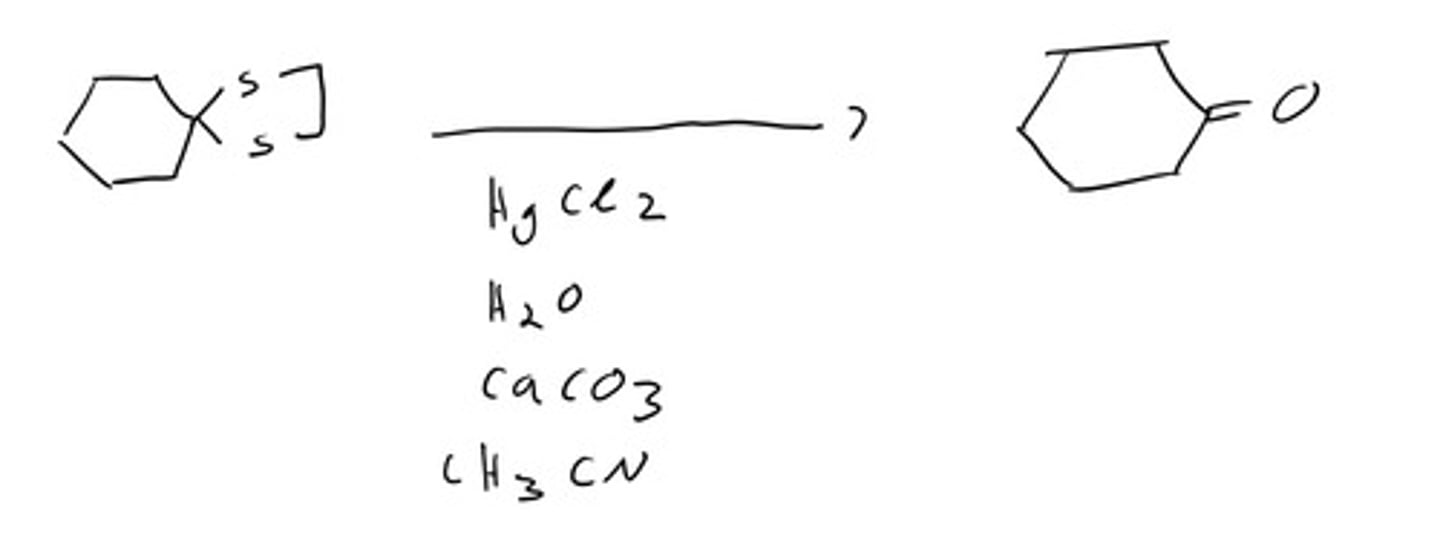 <p>aldehyde or ketone to cyclic dithioacetals</p>