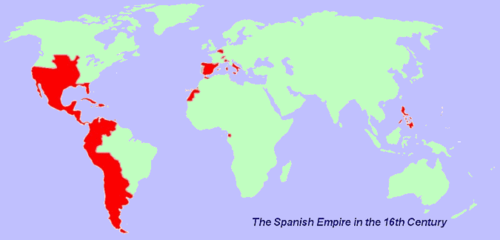 <p>1400s- late 1900s. made up of territories and colonies in europe, africa, and asia controlled from spain. at its strongest, it was one of the biggest empires in world history according to how much land they had, and one of the 1st global empires. royalty from the castile and aragon kingdoms ruled it. christopher colombus led the first spanish exploration trip which led them to colonizing america.</p>