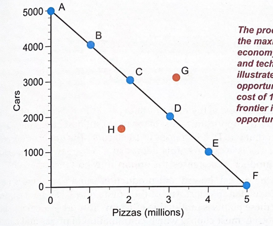<p>. shows the trade off between producing 2 goods </p><p>. frontier is straight line as OC is constant </p><p>. shows the max output for an economy given fixed resources + technology </p><p>. illustrates scarcity, trade-offs, and OC</p><p>. to increase the production of 1 good, the economy must decrease some production of the other (scarcity) </p>