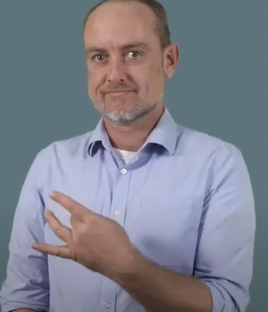 <p>middle and thumb touching chest and then coming out together like this</p>