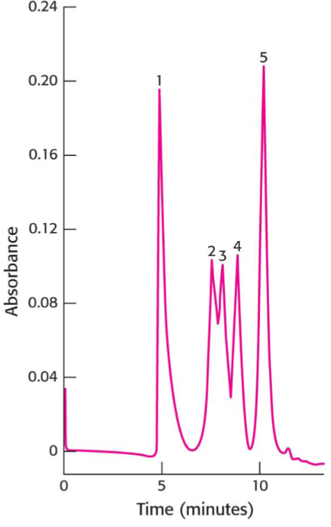 <ul><li><p>uses very fine beads and high-pressure pumps to move sample through column achieving higher resolution of peaks</p></li><li><p>resin choice determines separation basis, usually silica covered in HCs</p></li><li><p>aka Reverse Phase PHLC when separating based on hydrophobicity</p></li><li><p>in RP-HPLC, hydrophobic compounds interact stronger w/ column and have longer retention time</p></li></ul>
