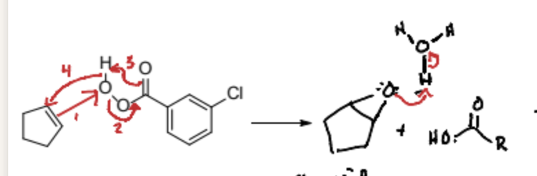 <p>The alkene attacks the furtherst carbon on mCPBA which then gives its electrons to the adjacent carbon which bonds to the carbonyl group. To prevent a texas carbon the ketone of the carbonyl group attacks the hydrogen connected the the original oxygen which then attacks back to the alkene. This causes a ring to form with the original oxygen and an epoxide.</p>