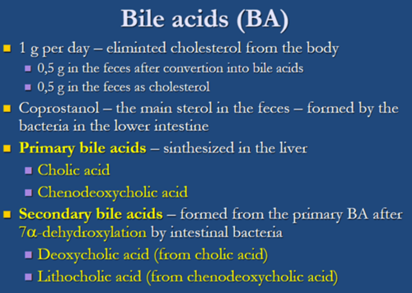 <p>the 2 types of secondary bile acids are:</p><p>1) <span class="bgY">deoxycholic acid (from cholic acid)</span></p><p><span class="bgY">2) lithocholic acid ( from chenodeoxycholic acid).</span></p>