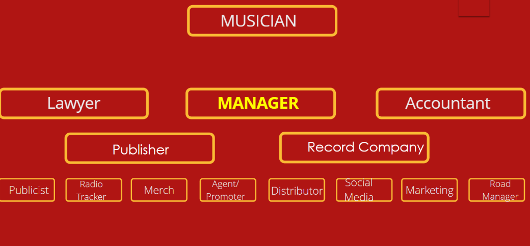 <ol><li><p><span style="background-color: transparent; color: blue;">The <strong>musician </strong>is the CEO</span></p></li><li><p><span style="background-color: transparent; color: blue;"><strong>Manager</strong> (vital component to the musician)</span></p></li><li><p><span style="background-color: transparent; color: blue;"><strong>Lawyer</strong>, <strong>accountant </strong>respond to the <strong>manager</strong> (a buffer between the musician &amp; the business, their role is to be “bad”/stern on decisions)</span></p></li><li><p><span style="background-color: transparent; color: blue;"><strong>Publisher</strong> and <strong>Record Company</strong> overlook… → but the record company specifically goes to the manager for requests&nbsp;</span></p></li><li><p><span style="background-color: transparent; color: blue;">The <strong>publicist</strong>, <strong>radio tracker</strong>, <strong>merch</strong>, <strong>agent/promoter</strong>, <strong>distributor</strong>, <strong>social media</strong>, <strong>marketing</strong>, <strong>road manager</strong></span></p></li></ol><p></p>
