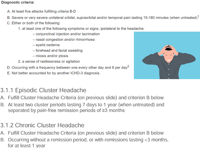 <p>Symptoms: intense one-sided pain centered by the eye/temple</p><ul><li><p>Ipsilateral pain, lacrimation, rhinorrhea, nasal congestion, sweating, restlessness, miosis</p></li><li><p>Lasts 15-180 minutes</p></li></ul><p>Management: Triptans, oxygen, pharmacology, physiotherapy, electrostimulation</p>