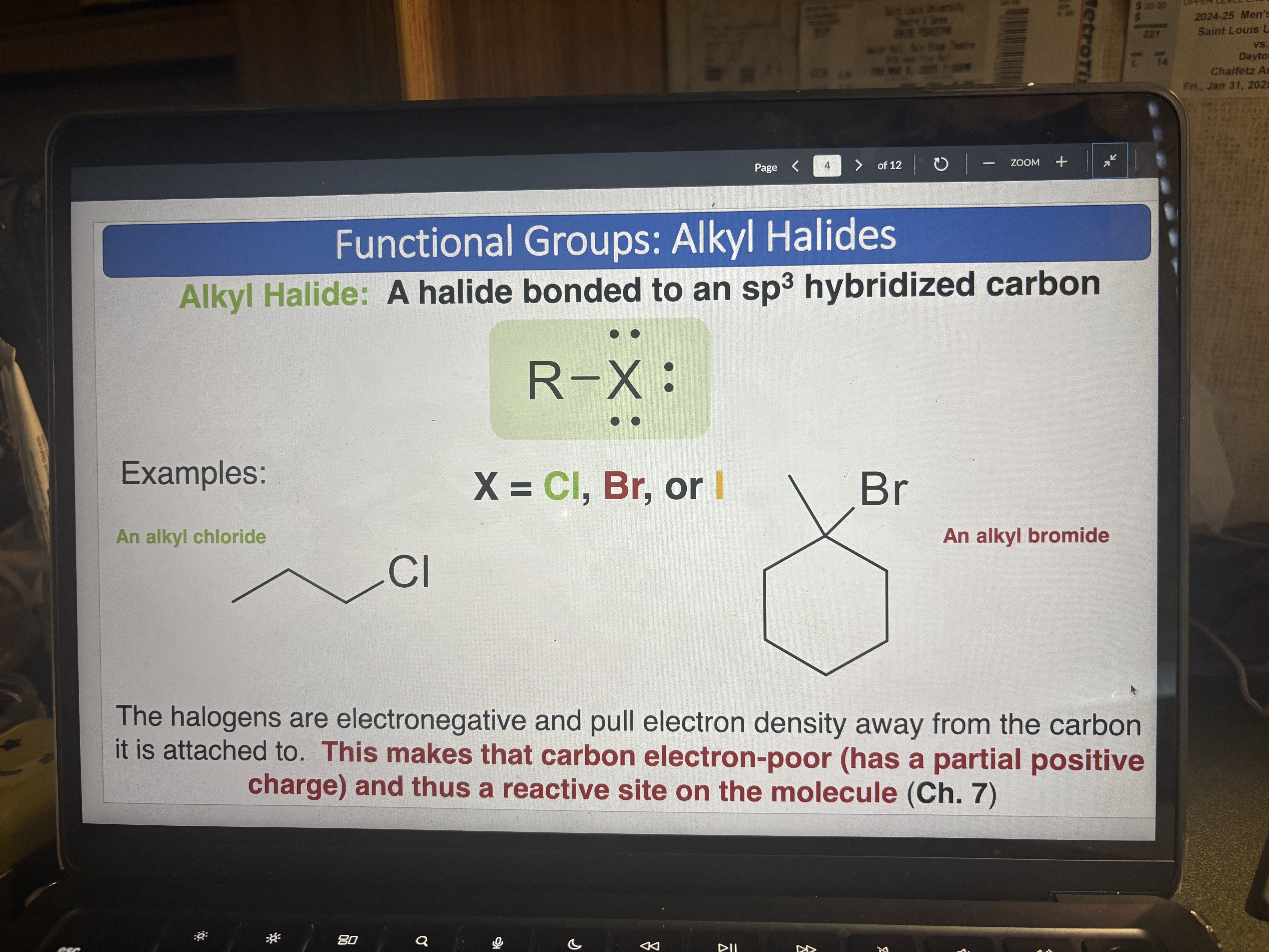 <p>Halide (Cl, Br, or I) bonded to a sp3 hybridized carbon. makes carbon e- poor and a good reactive site.</p>