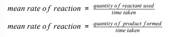 <p>rate of a chemical reaction can be found by measuring the quantity of a reactant used / quantity of product formed over time : </p>
