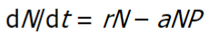 <p>modification of exponential growth formula</p><p>without predation, prey population will grow exponentially</p><p>dN/dt = rate of change in prey population</p><p>rN = exponential growth in absence of predators</p><p>aNP = amount that predation reduces the growth rate of the prey population (i.e. how many prey are removed from the population by predators)</p><p>N = # of prey (more prey = easier to catch)</p><p>r = prey’s per capita exponential growth rate</p><p>P = # of predators (more predators = more prey caught)</p><p>a = efficiency of predation (more efficient predators = more prey caught)</p>