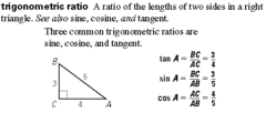 <p>a ratio of two sides of a right triangle</p>