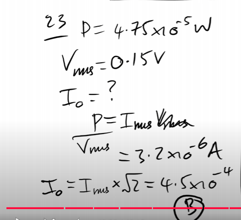 <p>Mean power = Mean (RMS) voltage x Mean (RMS) current</p><p>The I0 is the peak current so multiply by root 2</p>
