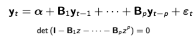 <p>From the pictured VAR(p) model, stationarity is ensured when all roots of the lag polynomial expression (below) are greater than one in absolute value.</p>