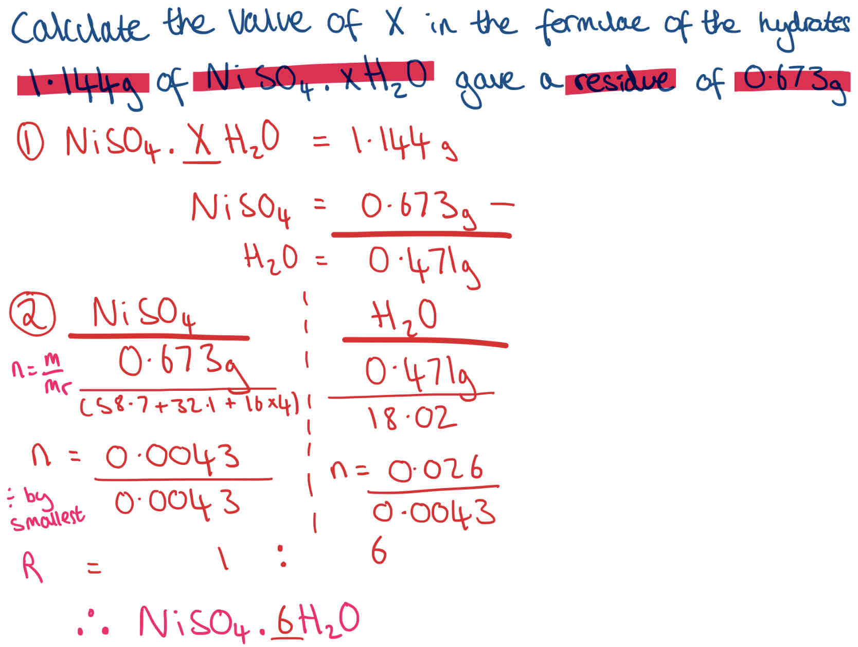 <p>How much water of crystallisation is required or driven off during a reaction</p><p>Steps to work out x:</p><ol><li><p>(Compound).xH2O = mass given</p></li><li><p>Work out mass of Compound (residue given) + H2O by taking away from total mass</p></li><li><p>n = m/ Mr</p></li><li><p>Divide by smallest</p></li><li><p>Ratio is formula - (Compound).XH2O</p></li></ol>