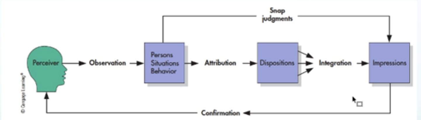 <p>- is the mental process of collecting and interpreting sensory data—like body</p><p>language and appearance—to form an initial understanding of another person.</p>