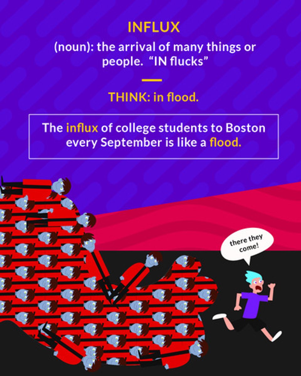 <p>a flowing or pouring in; arrival in massive numbers</p><p>(noun) the arrival of many things or people</p>