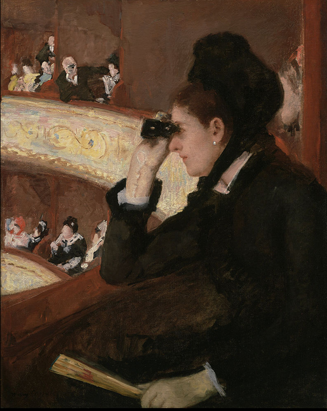<ul><li><p>American but lived in Paris</p></li><li><p>subjects she has access to - domestic social life of upper middle class women</p></li><li><p>Paris Opera House -&nbsp;“go and be seen about,” scenes for impressionists</p></li><li><p>shows intermission at opera (illuminated)</p></li><li><p>woman is look at the other people, man is looking at her, (we form 3rd point—places us in the scene)</p></li><li><p>loose brushwork (black dress)</p></li></ul><p></p>