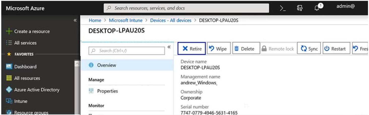 <p>191: company deploys Microsoft Intune. An employee loses a Windows 10 device that contains corporate data. It’s a still image of Azure blade.</p><p>You need to ensure that the corporate data on the device is secured as quickly as possible.</p><p>Which four options can you use?</p>