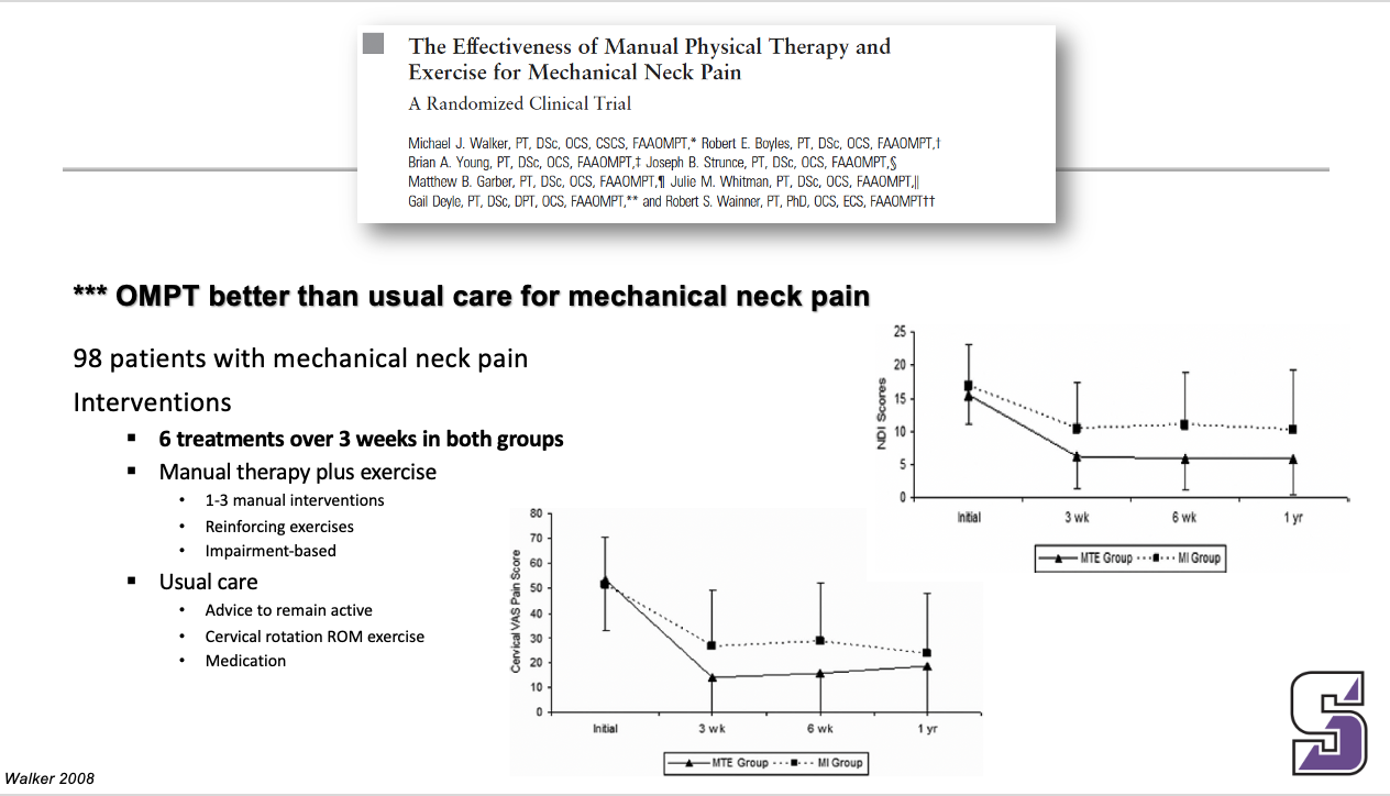 <p><span><strong>*** OMPT better than usual care for mechanical neck pain</strong></span></p><p><span><strong>__</strong></span></p><p><span>Manual therapy was better than usual care for mechanical neck pain</span></p>
